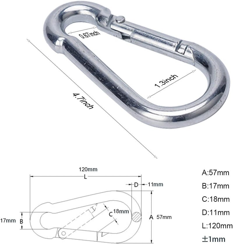 OWAYOTO 4.7 Inch Carabiner Clip Heavy Duty Large Carabiner Spring Snap Hook Steel Clip Quick Link Buckle M11x120mm 4pcs for Hammock Punching Bags Swing Chairs Gym Equipment Camping Hiking - Image 2